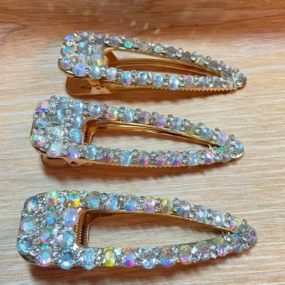 Women’s Large Rhinestone Hair Clip Barrettes with Gold Back Lot of 3 Set. - Picture 2 of 4